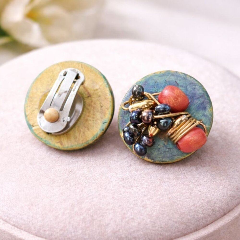 Vintage Handmade Clip-On Earrings With Blue Red &‎ Gold Beaded Design